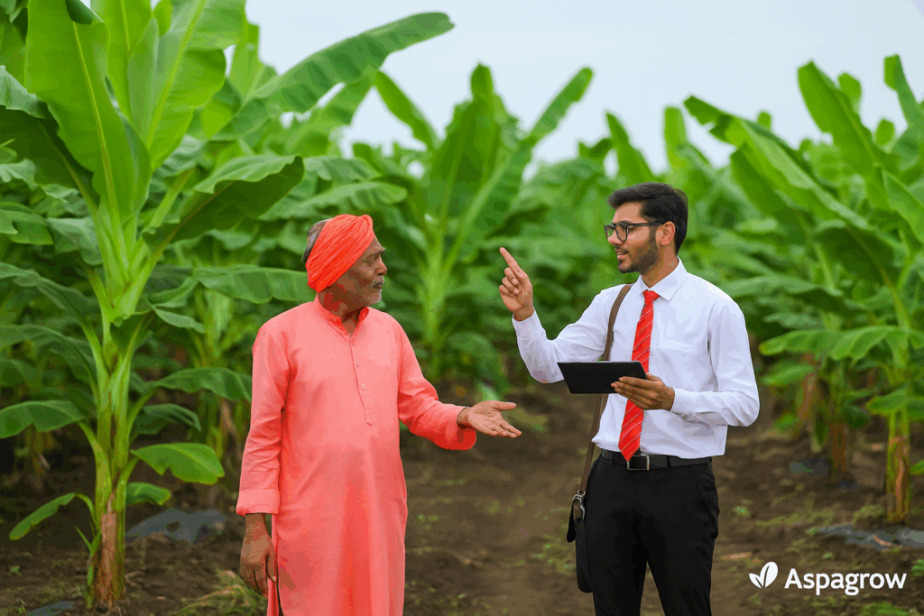 Farmers working in a lush green banana plantation using modern irrigation and organic methods by Aspagrow for sustainable Banana Farming.
