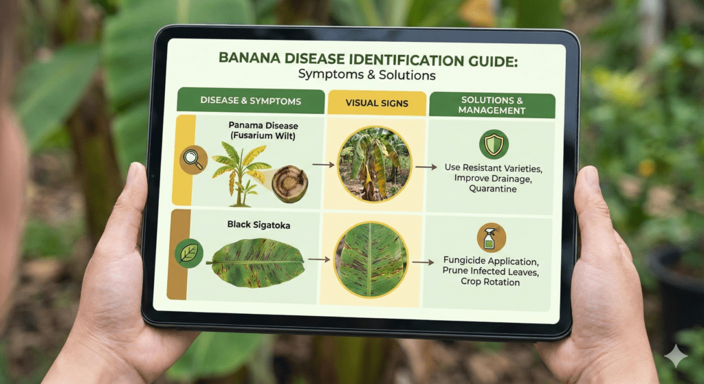 Banana diseases showing leaf yellowing and fungal spots on banana plants