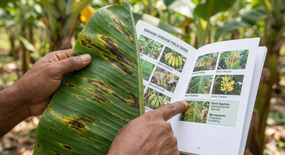 Banana diseases showing leaf yellowing and fungal spots on banana plants
