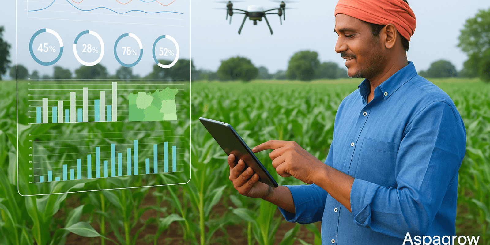 Indian farmer using tablet and drones for data-driven farming powered by Aspagrow technolog