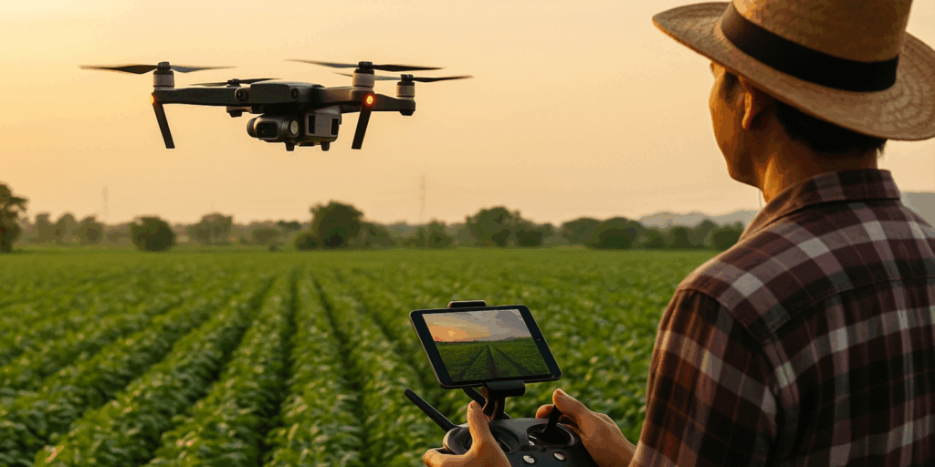 Drone flying over a smart farm using IoT sensors and Aspagrow technology for precision agriculture and modern farming.