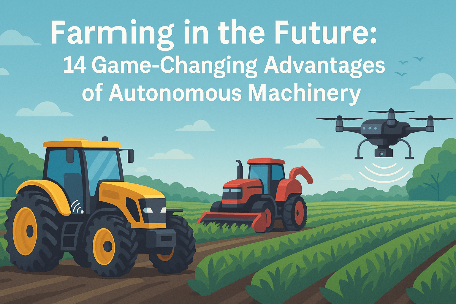 Autonomous Farming Machinery such as driverless tractors and drones operating in a modern smart agriculture field.