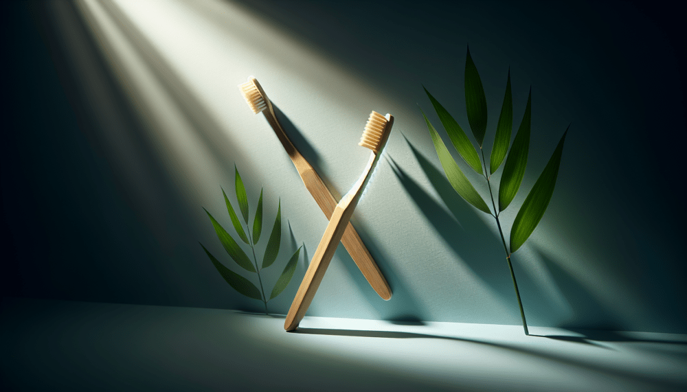Eco-friendly bamboo toothbrush placed beside natural leaves promoting a plastic-free sustainable lifestyle.