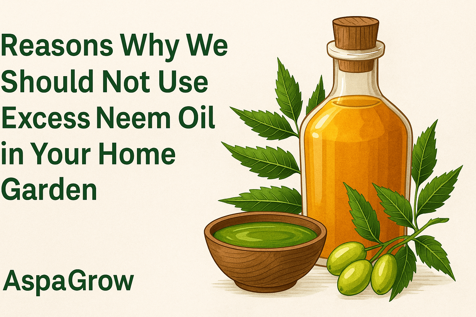 Neem oil bottle, neem leaves, and a bowl of neem extract illustrating risks of overusing neem oil in home gardening.
