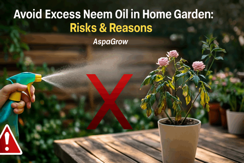 Person spraying neem oil on plants with damaged leaves showing effects of excessive neem oil in home garden.
