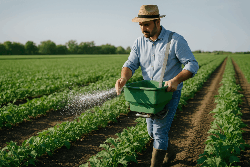 Farmer applying fertilizers in a crop field using modern Aspagrow tools for nutrient management.
