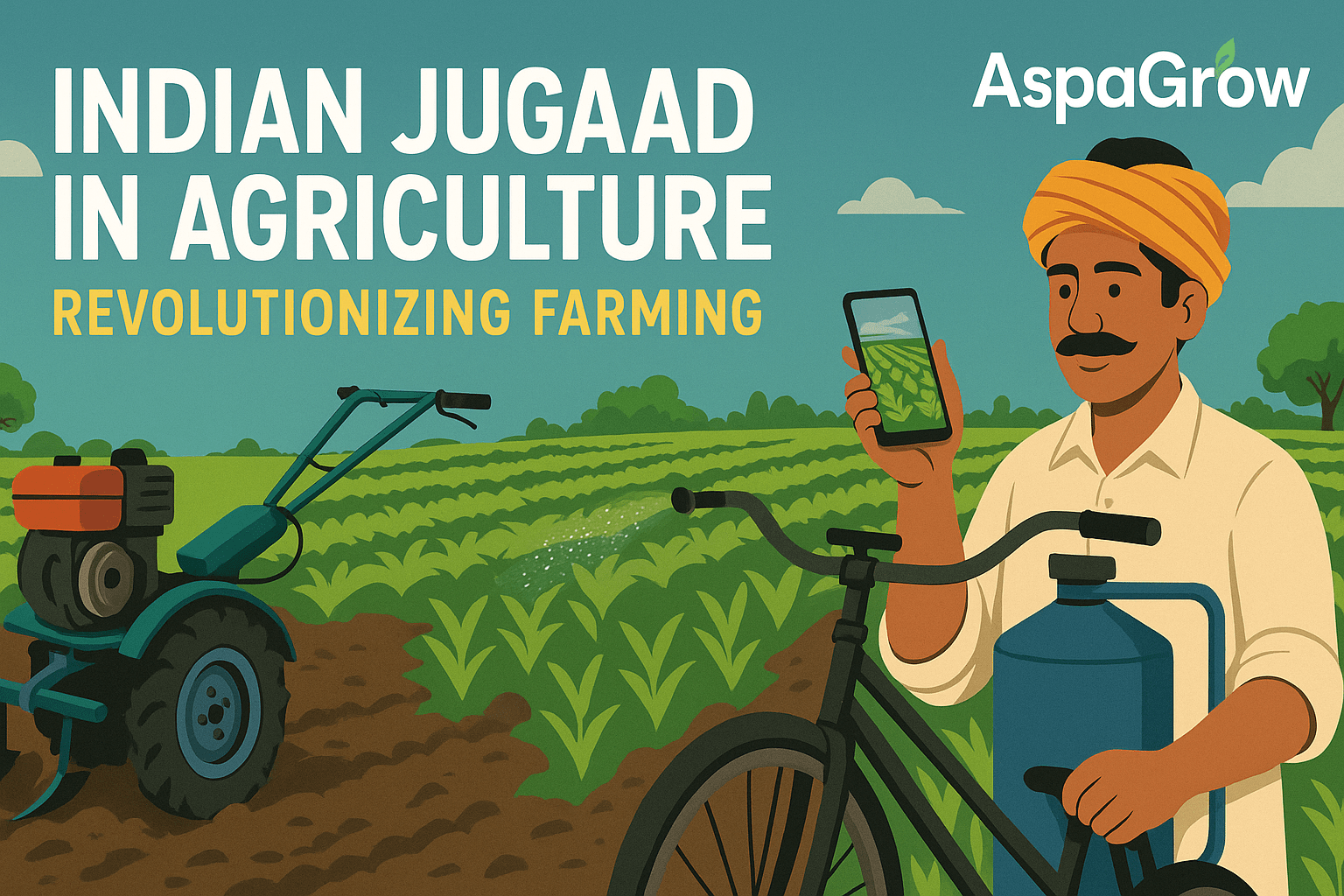 Indian farmer using innovative low-cost jugaad tools in agriculture, including a bicycle sprayer and homemade tiller in a green farm field.