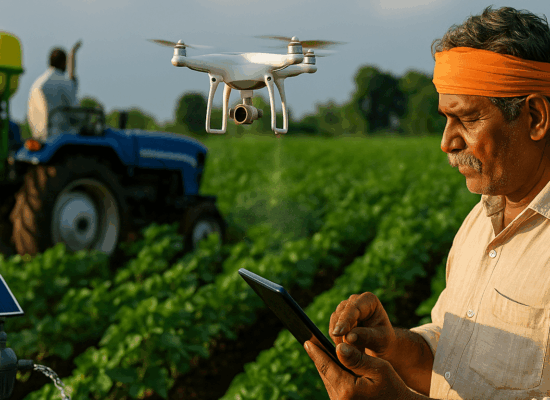 Modern precision farming with AspaGrow smart fertilizers and irrigation tools used by Indian farmers.