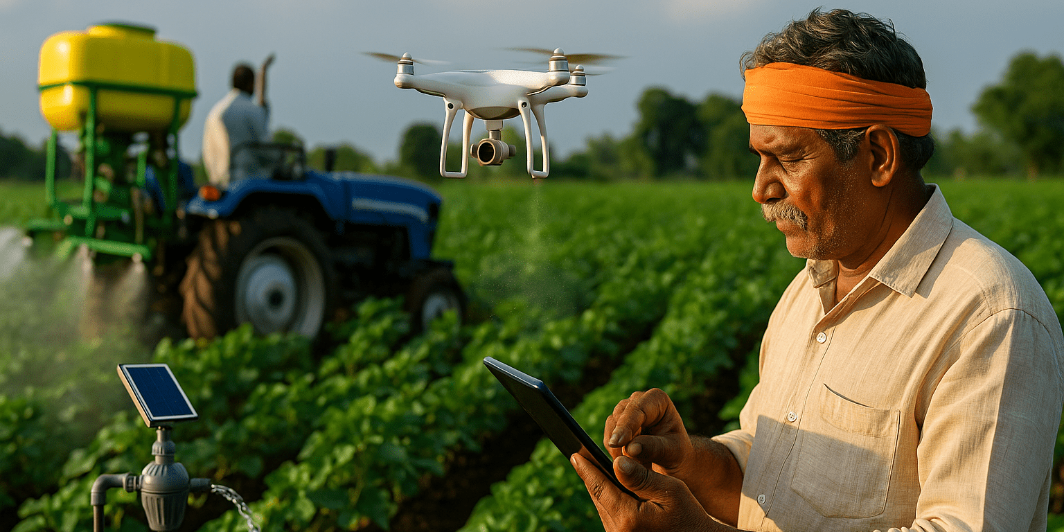 Modern precision farming with AspaGrow smart fertilizers and irrigation tools used by Indian farmers.