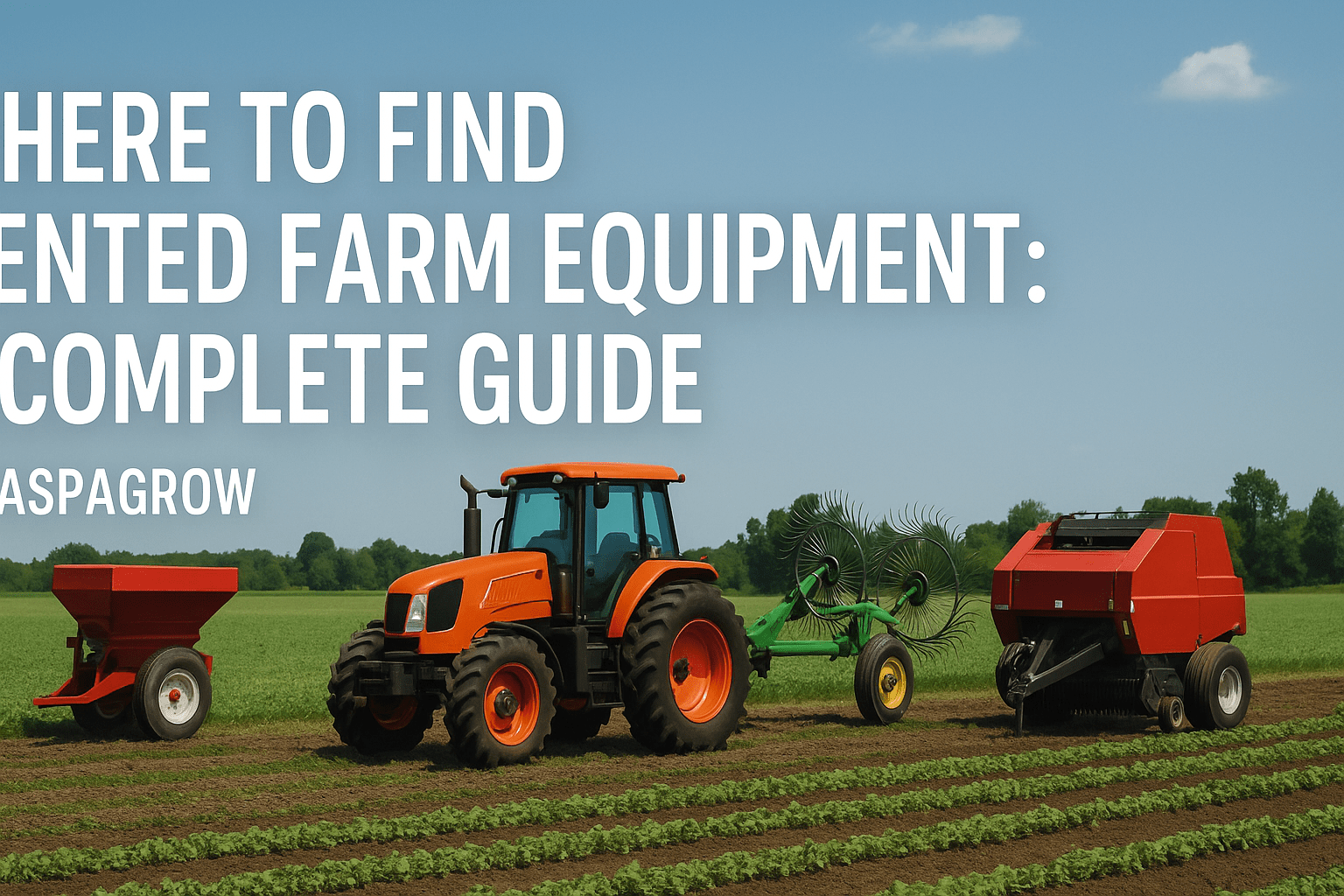 “Rented farm equipment including tractor, rake, and baler displayed on a green crop field under clear blue sky – AspaGrow blog header image.”