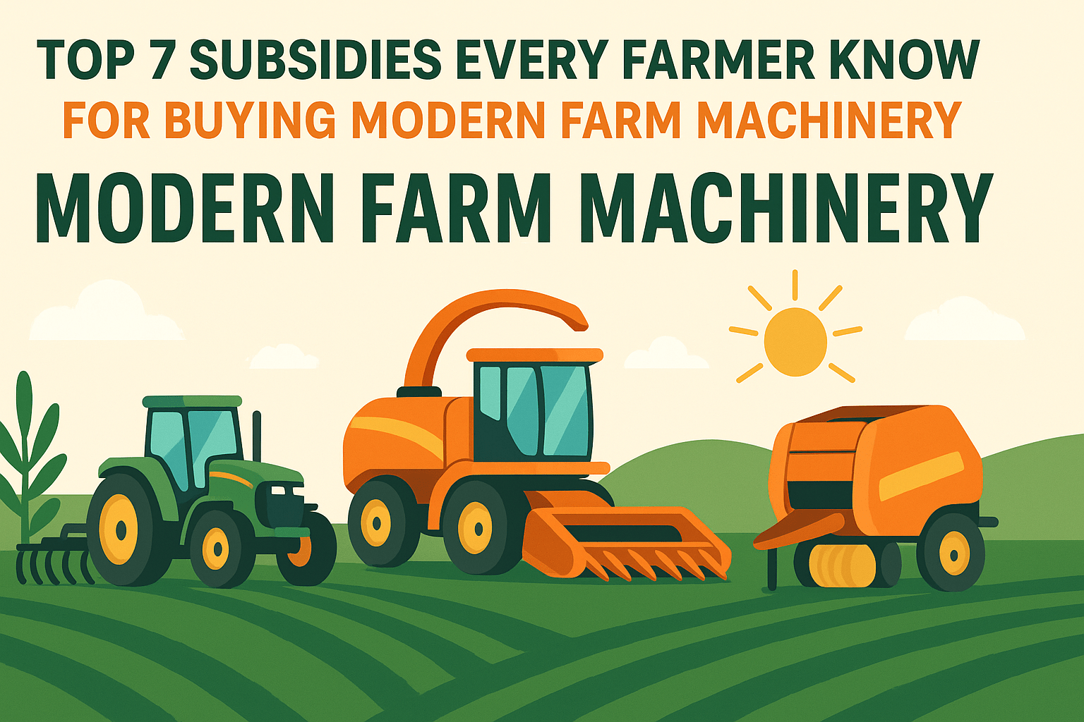 “Modern farm machinery including tractor, harvester, and baler on agricultural land with clear sky.”