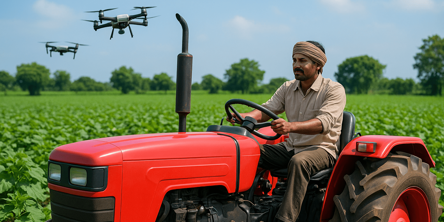 Farmer using modern agriculture equipment with tractor and drones in field powered by Aspagrow smart farming technology.