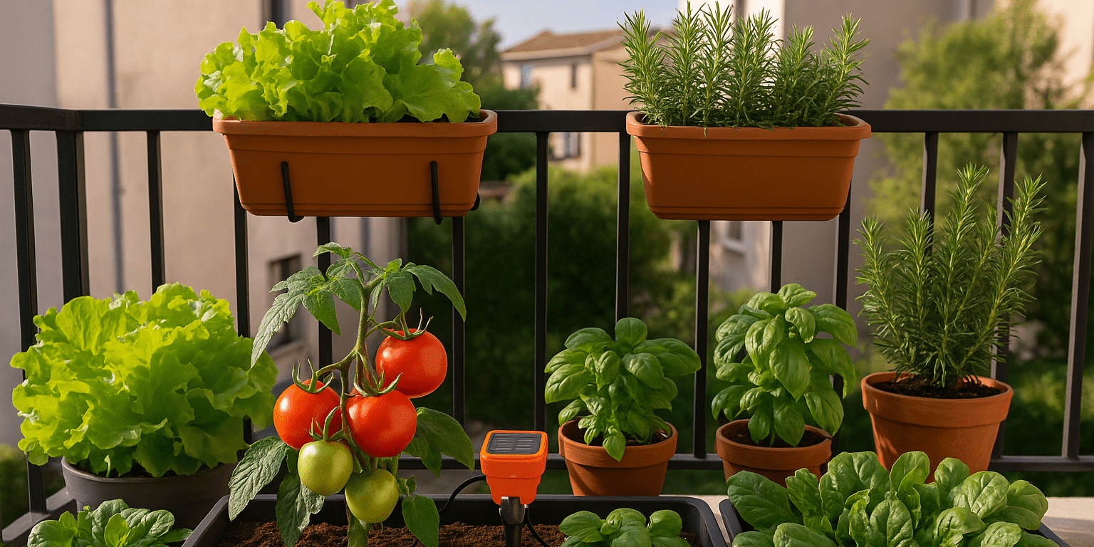 Balcony house farming setup with fresh organic vegetables and smart irrigation by Aspagrow