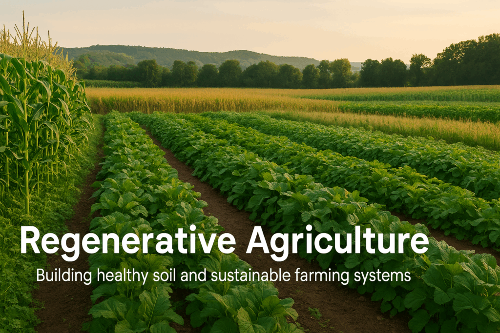 A regenerative agriculture farm with diverse crops, healthy green plants, and sustainable farming practices shown in a 1600×800 landscape image.
