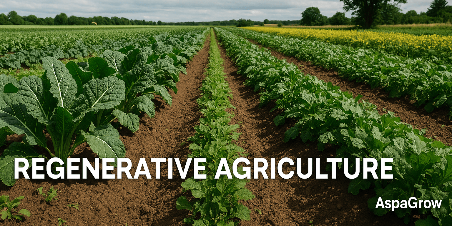 A regenerative agriculture farm with diverse crops, healthy green plants, and sustainable farming practices shown in a 1600×800 landscape image.