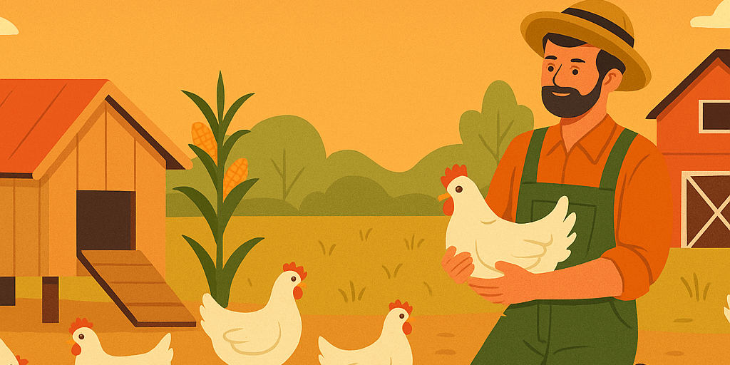 A digital illustration of a poultry farmer holding a chicken beside a coop, promoting AspaGrow’s guide on the poultry business.