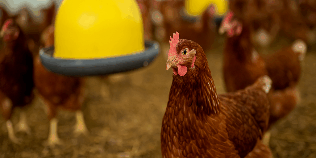 A digital illustration of a poultry farmer holding a chicken beside a coop, promoting AspaGrow’s guide on the poultry business.