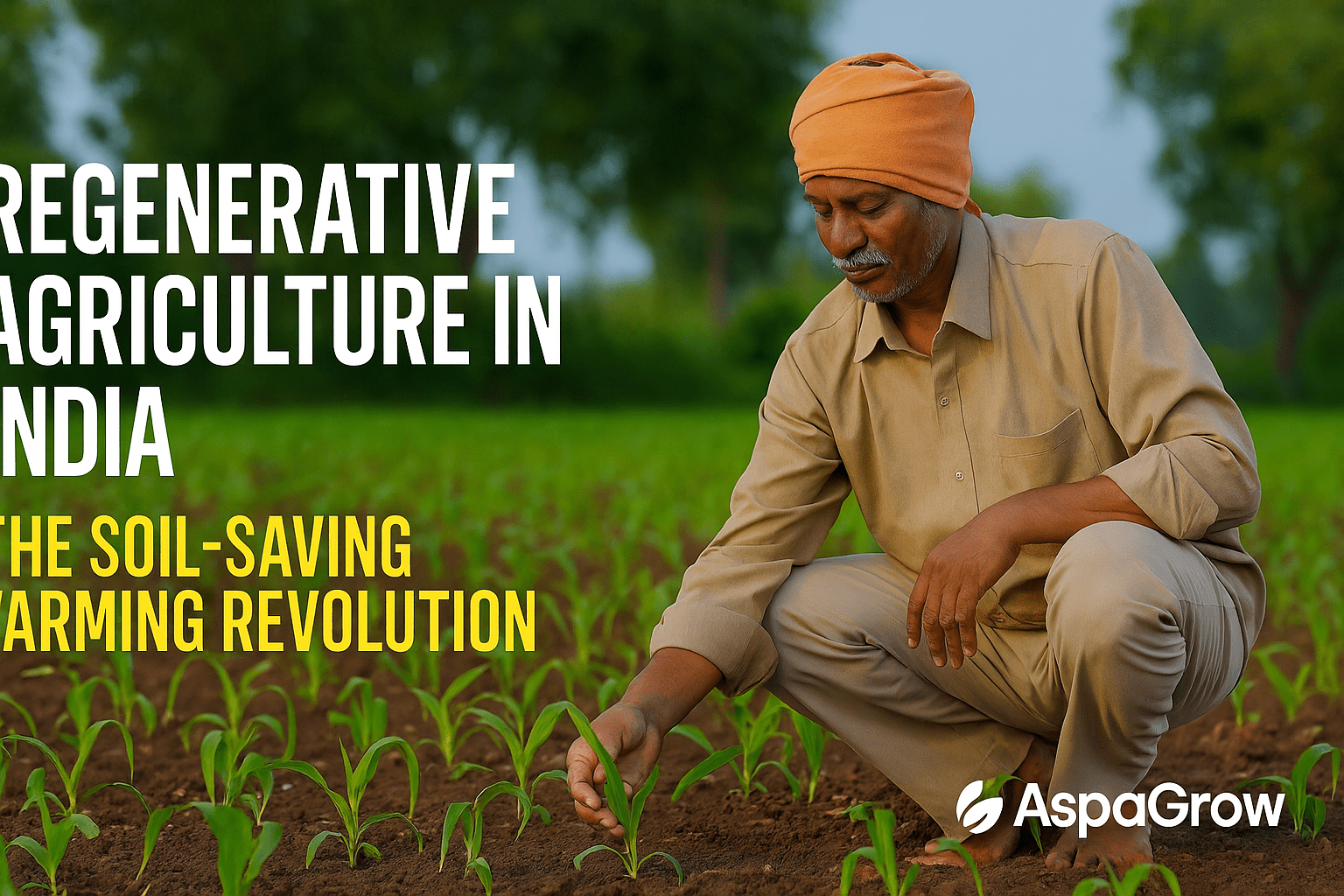 An Indian farmer inspecting young crops in a green field, used for AspaGrow’s regenerative agriculture blog banner.