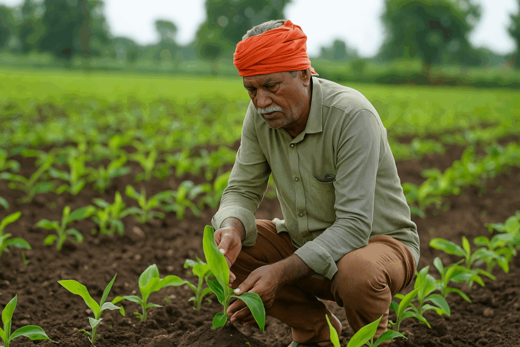 An Indian farmer inspecting young crops in a green field, used for AspaGrow’s regenerative agriculture blog banner.