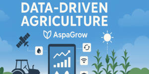 This banner image represents the concept of data-driven agriculture, featuring digital farm analytics, smart technology icons, and sustainable farming elements. Designed by AspaGrow, the image symbolizes the integration of technology and agriculture to boost efficiency and sustainability.