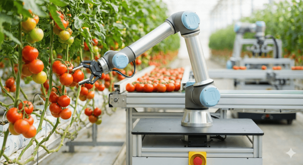 A modern robotic farming machine operating in a green field, illustrating how Robots on the Farm are transforming agriculture with automation and precision.