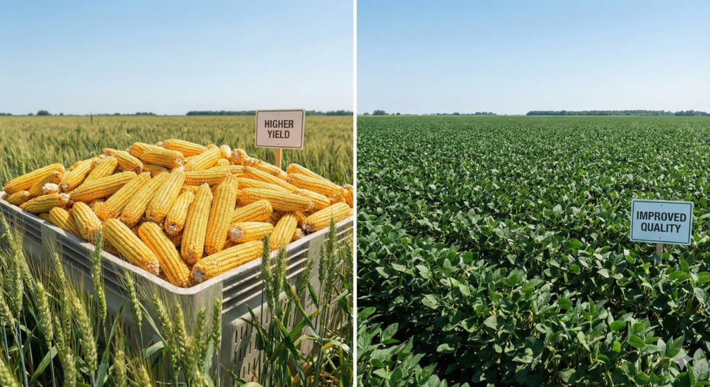 Farmer inspecting crops to increase crop yield using modern farming