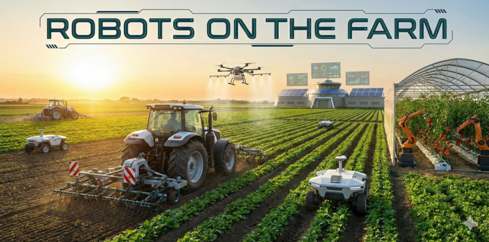 A modern robotic farming machine operating in a green field, illustrating how Robots on the Farm are transforming agriculture with automation and precision.