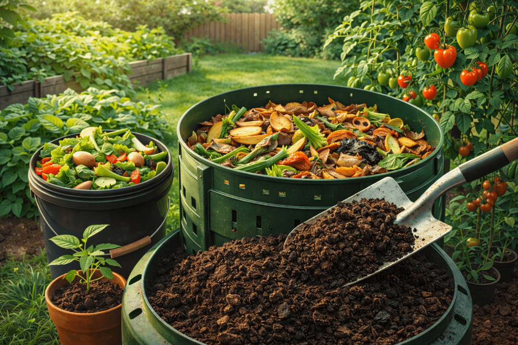 Kitchen waste composting converting daily waste into organic fertilizer for plants